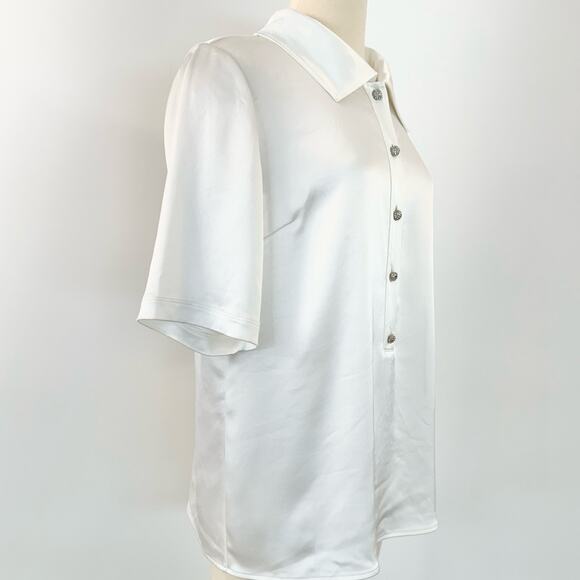 St. John Embellished Buttons Short Sleeve Top Blouse Stretch Satin Ivory Size 12 - Picture 5 of 11